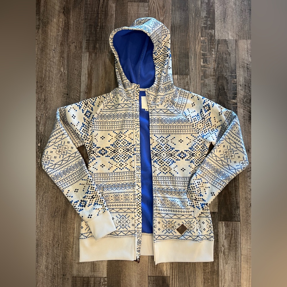 Burton Blue and White Zip Up Sweater with Nordic Pattern